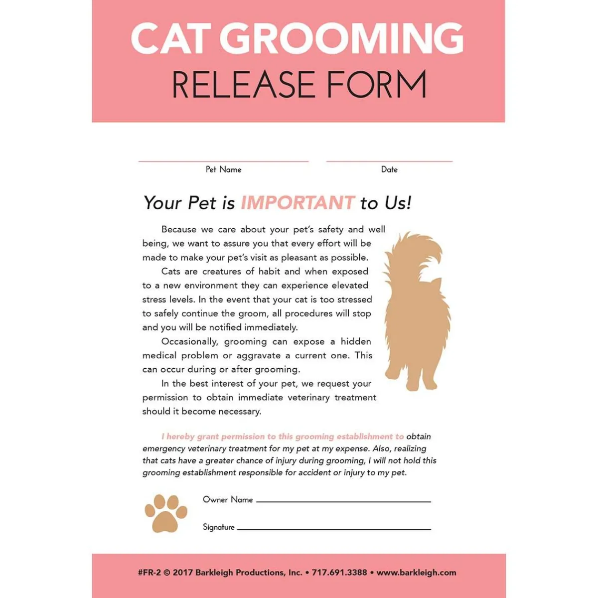 Ryan's Pet Supplies Cat Release Form For Professional Groomers - Pad Of 50