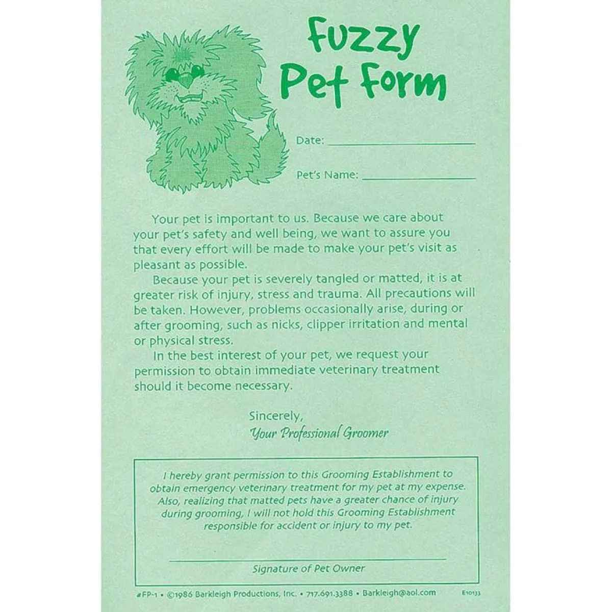 Ryan's Pet Supplies Fuzzy Pet Release Form For Professional Groomers - Pad Of 50