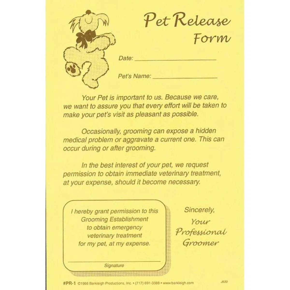 Ryan's Pet Supplies General Release Form For Professional Groomers - Pad Of 50