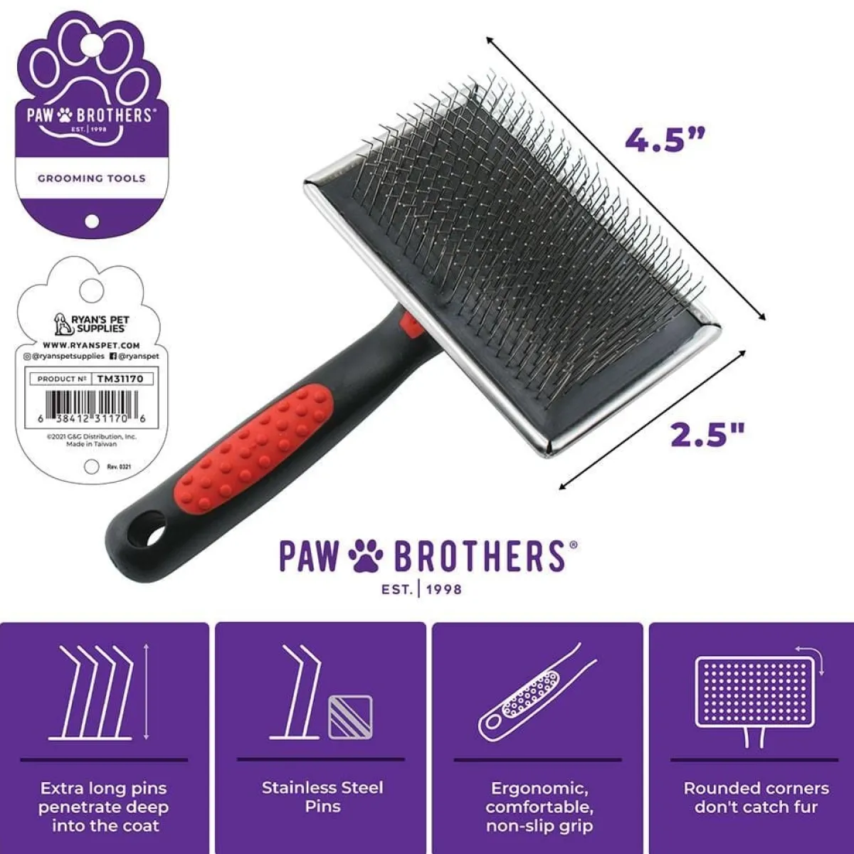 Ryan's Pet Supplies Paw Brothers Hard Extra Long Pin Large Flat Slicker Brush