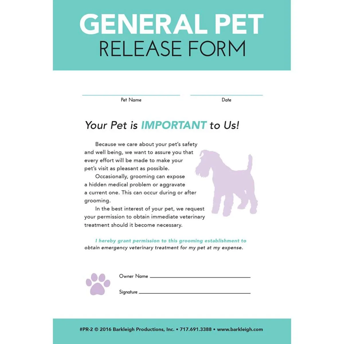 Ryan's Pet Supplies Professional Groomers General Pet Release Form - Pad of 50