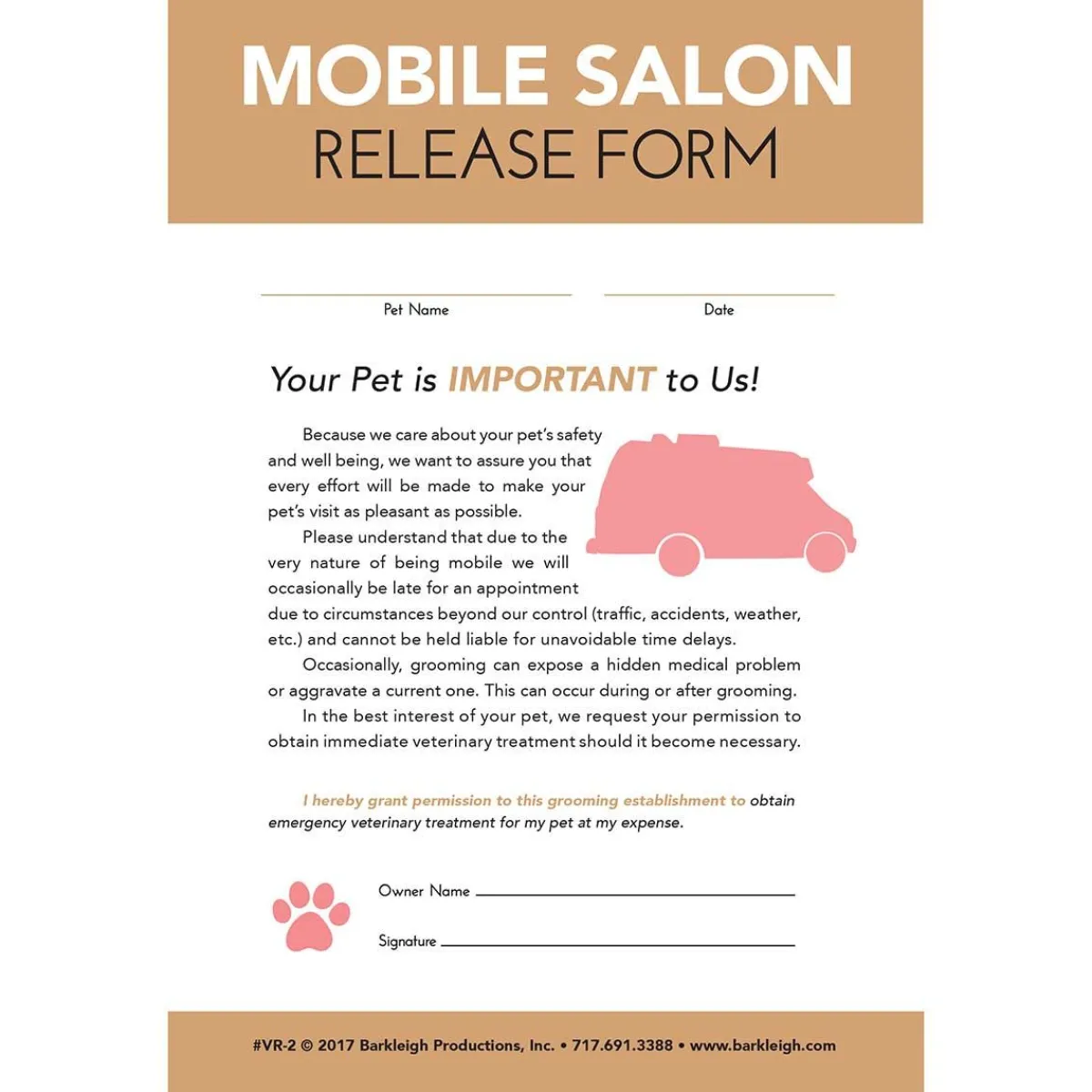 Ryan's Pet Supplies Professional Groomers Mobile Pet Release Form - Pad of 50