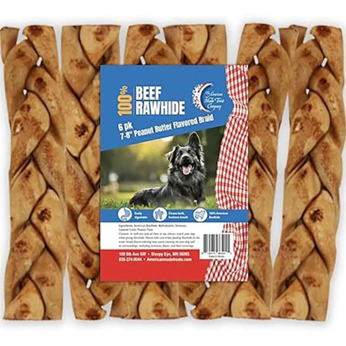 Ryan's Pet Supplies Rawhide Beef 7-8 inch Peanut Butter Flavored Braids - 6 pack