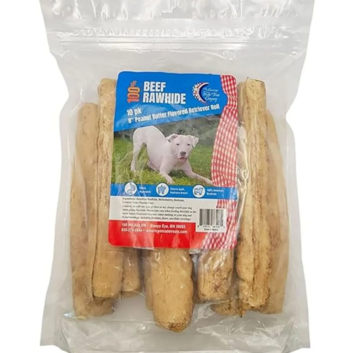 Ryan's Pet Supplies Rawhide Beef 8 inch Peanut Butter Flavored Retriever Roll - 10 pack