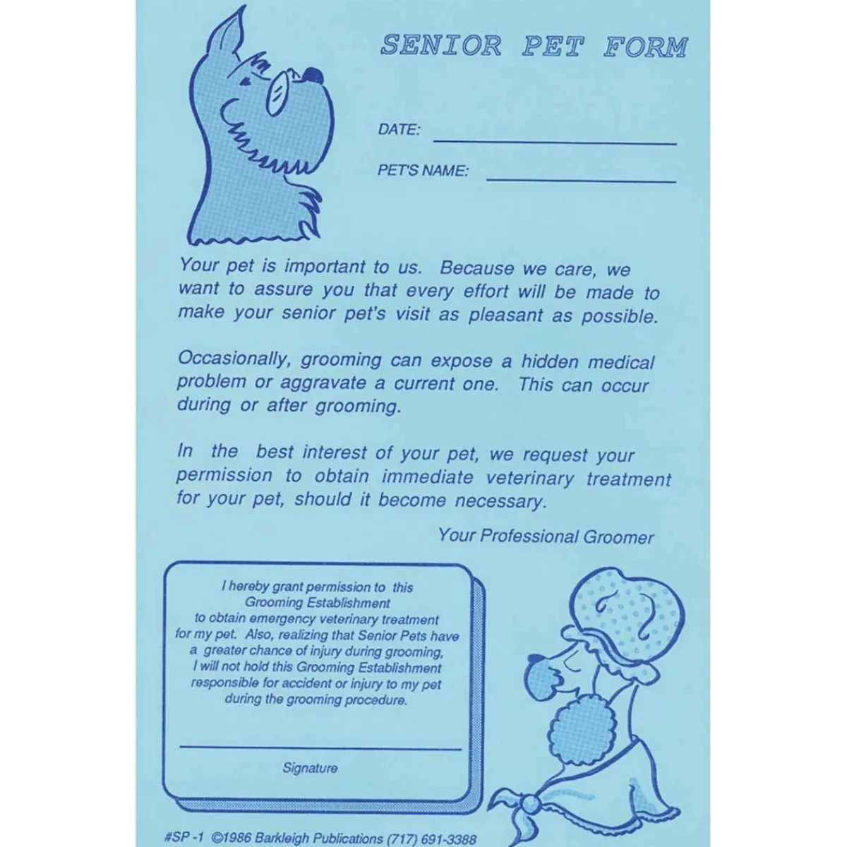 Ryan's Pet Supplies Senior Pet Release Form For Professional Groomers- Pad Of 50